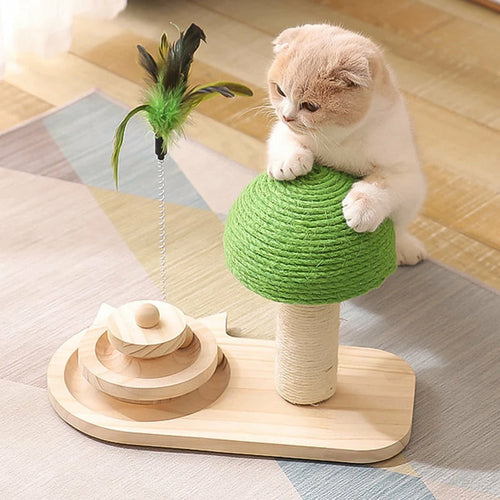 Rascador para Gatos con Juguetes – Sisal Natural, Pelota de Madera y Plumas