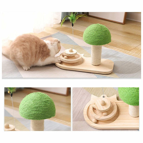 Rascador para Gatos con Juguetes – Sisal Natural, Pelota de Madera y Plumas